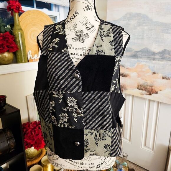 VTG Stonebridge Black & Grey Patchwork Corduroy Vest. - Picture 5 of 16